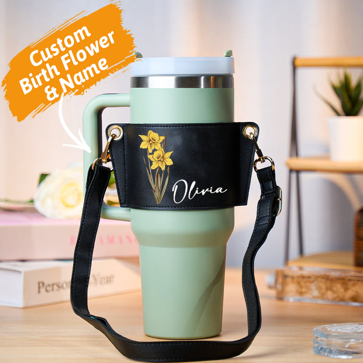 Personalized Birth Flower Water Bottle Carrier Bag for 40oz Stanley Tumbler with Adjustable Strap Gift for Her