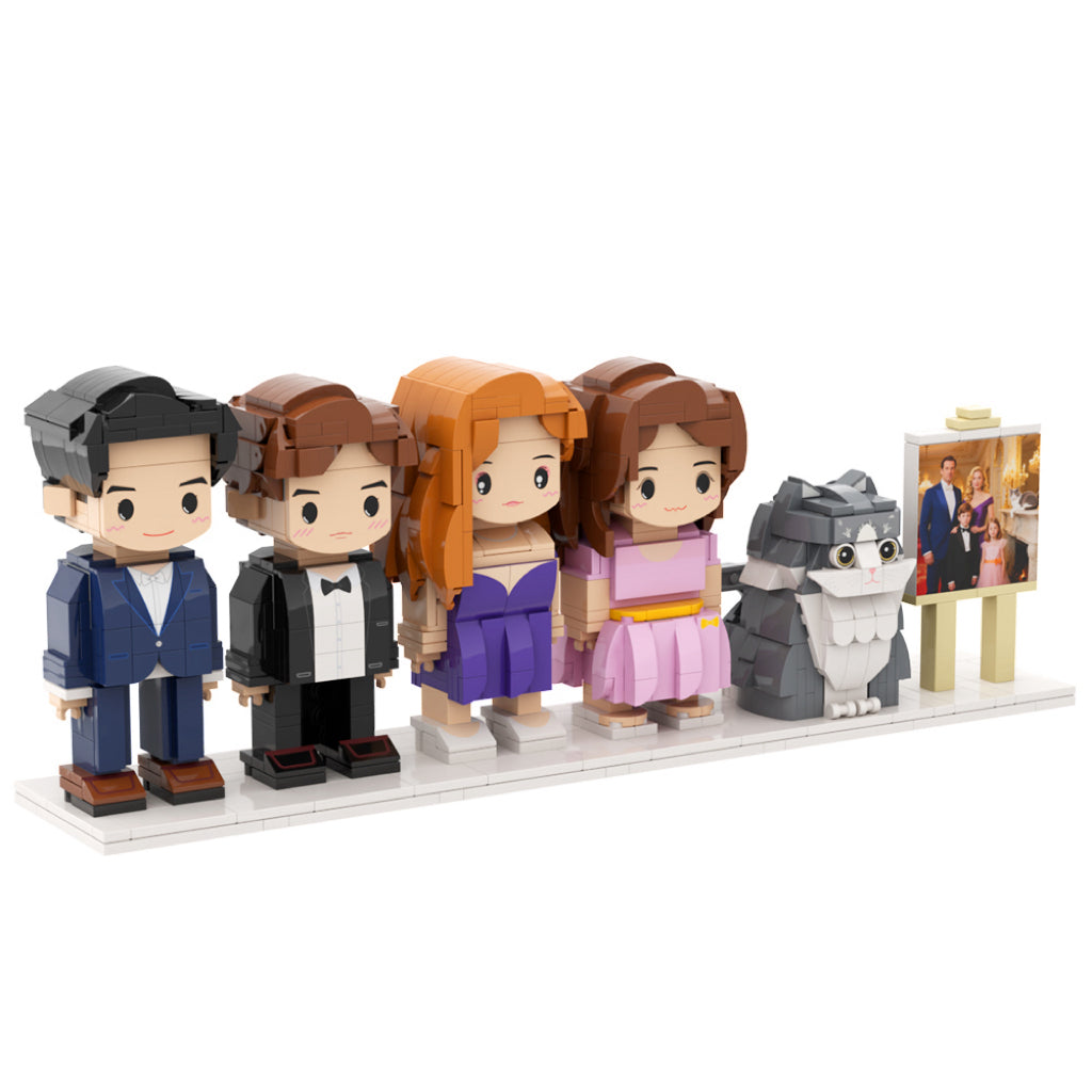 Custom Full-Body Cute Brick Figures of 4 People and 1 Cat with Frame Personalized Anniversary Gift Birthday Gift