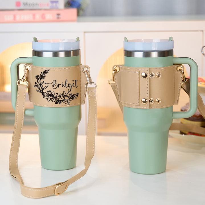 Personalized Floral Pattern Water Bottle Carrier Bag with Adjustable Strap for 40oz Stanley Tumbler Gift for Her