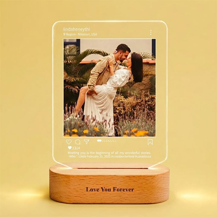 Custom Photo Social Media Style Night Light with Engraved Text Wooden Base Home Decor Valentines Gift