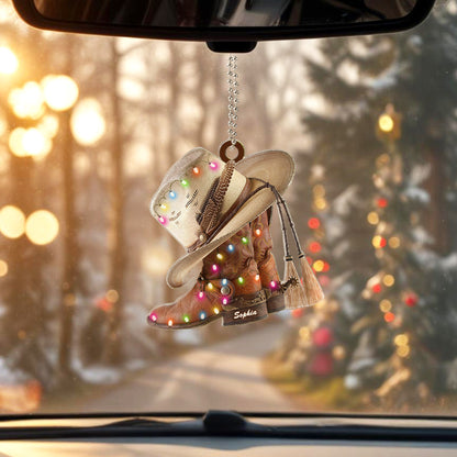 Personalized Cowboy Boots And Hat Car Ornament with Name Rearview Mirror Decoration Gift