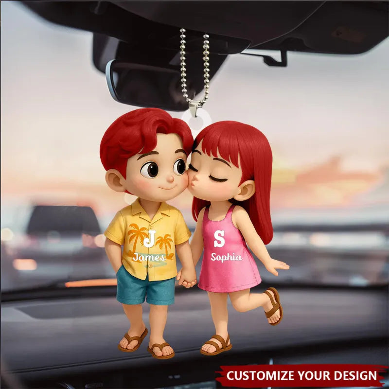 Personalized Name Hawaiian Style Acrylic Car Hanger Cute Couple Kissing Moment Valentines Gift for Boyfriend & Girlfriend