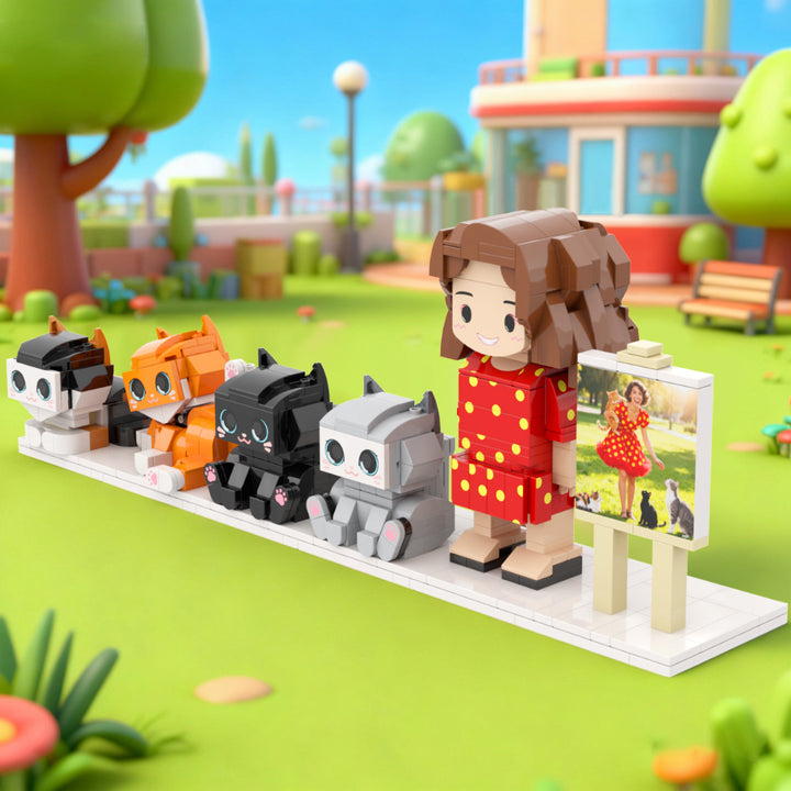 Custom Full-Body Cute Brick Figures of 1 Person and 4 Cats with Frame Personalized Anniversary Gift Birthday Gift