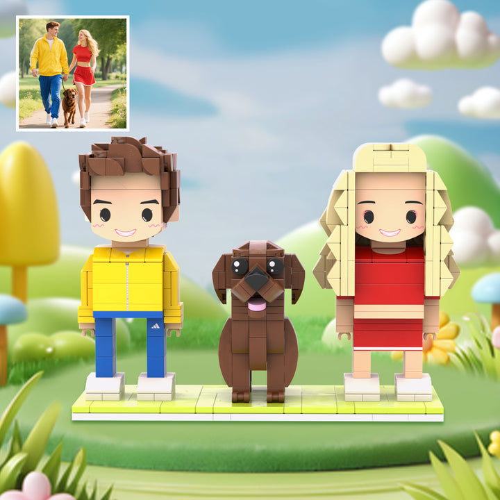 Custom Full-Body Cute Brick Figures of 2 People and 1 Dog Personalized Anniversary Gift Birthday Gift