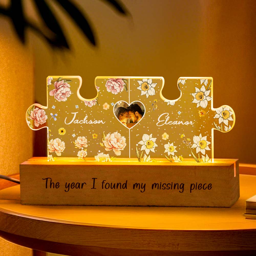 Personalized Couple Puzzle LED Night Light with Birth Flower Photo Night Light Gifts for Her