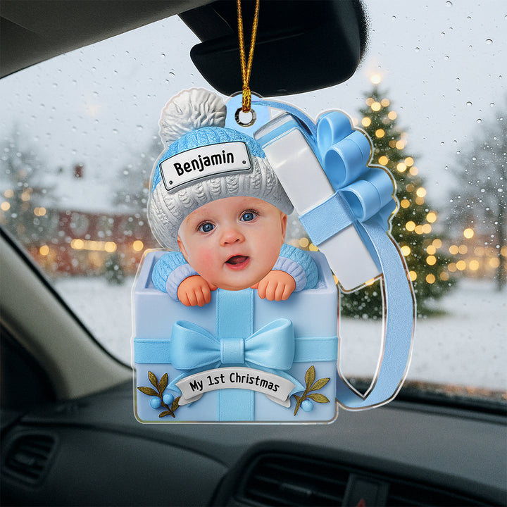 Custom Baby Face & Text Acrylic Ornament – Baby in Gift Box Design Personalized Christmas Keepsake for Newborns