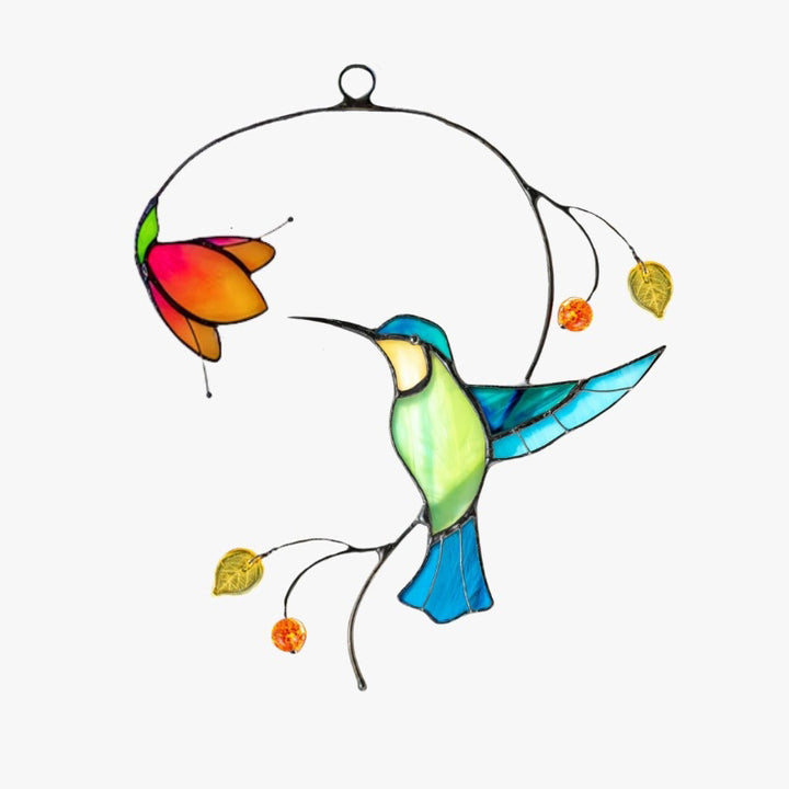 Sun Catcher Glass Blue Birds with Flower Wall Window Hangings Unique Gifts for Bird Lover