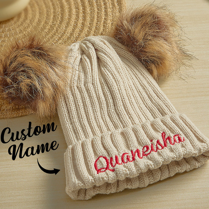Personalized Mom and Baby Warm Beanie Hats Cotton Knitted Parent-Child Hat with Embroidered Names