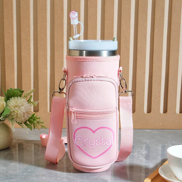 Personalized Water Bottle Carrier Bag for 40oz Stanley Tumbler with Straw Topper Pouch Gift for Her