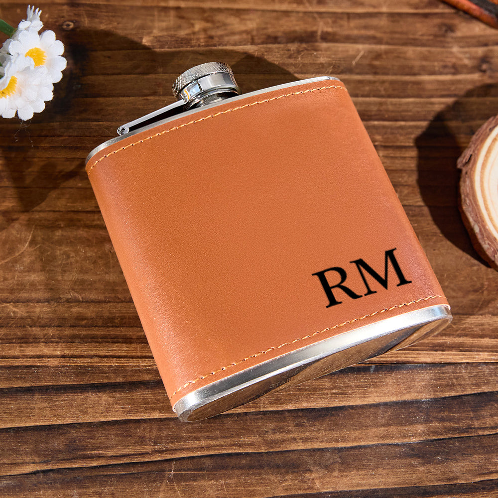 Personalized Men PU Leather Flask Stainless Steel 6oz Whiskey Flask Gift for Him