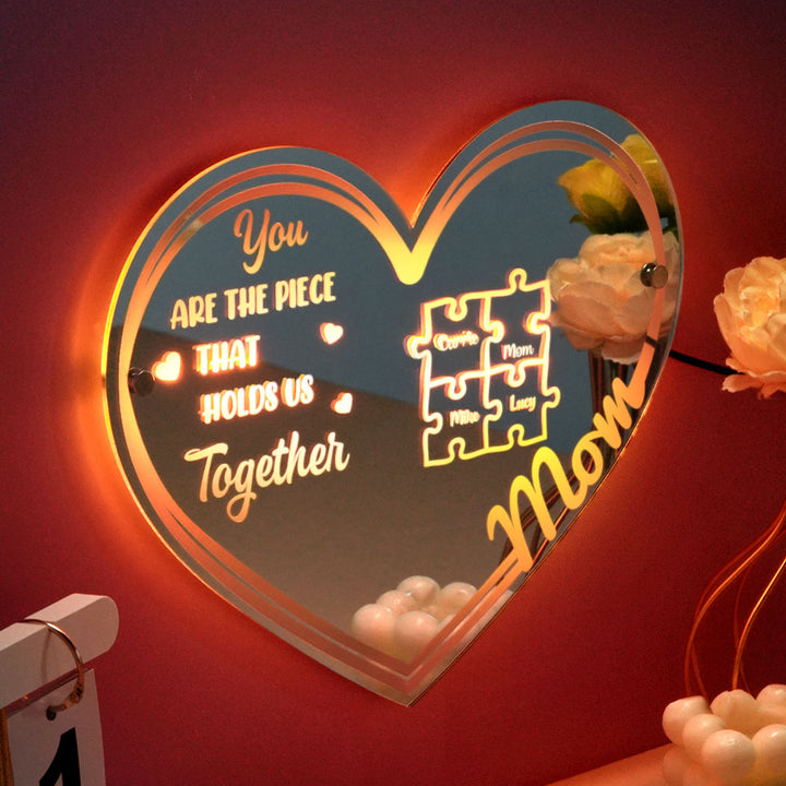 Personalized Mom You Are the Piece That Holds Us Together Mirror Light Puzzle Piece Sign Mother's Day Gifts