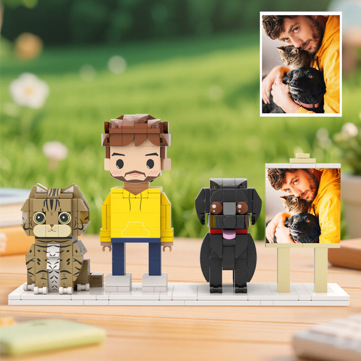 Custom Full-Body Cute Brick Figures of 1 Person, Cat & Dog with Frame Personalized Anniversary Gift Birthday Gift