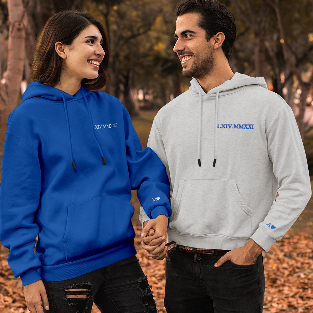 Custom Engraved Hooded Embroidery Round Neck Roman Numeral Date Couple Gifts
