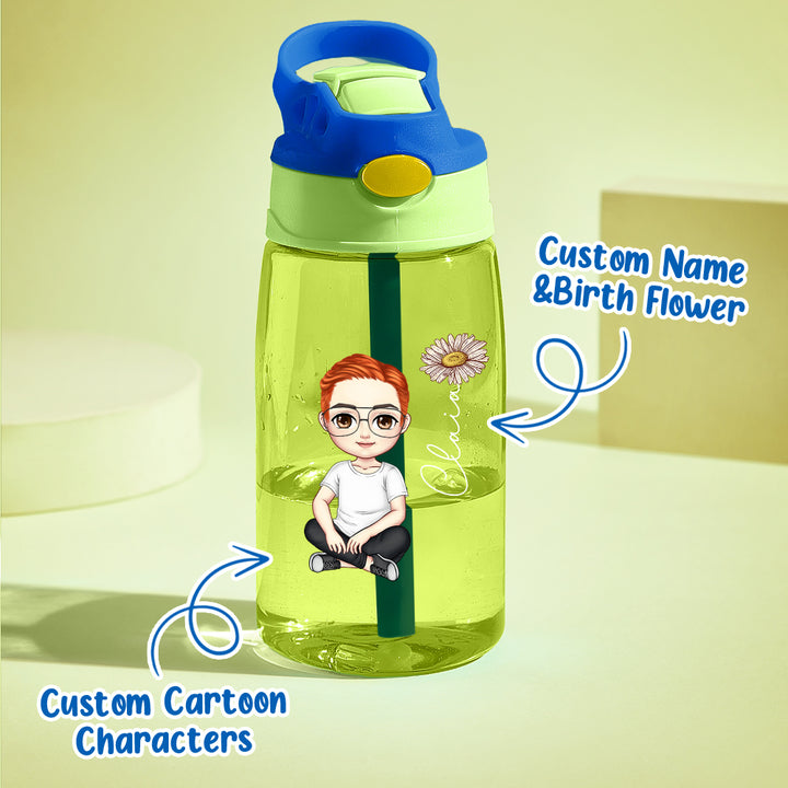 Personalized Cartoon Birth Flower Water Bottle with Straw 16oz Water Bottle Gift for Kids