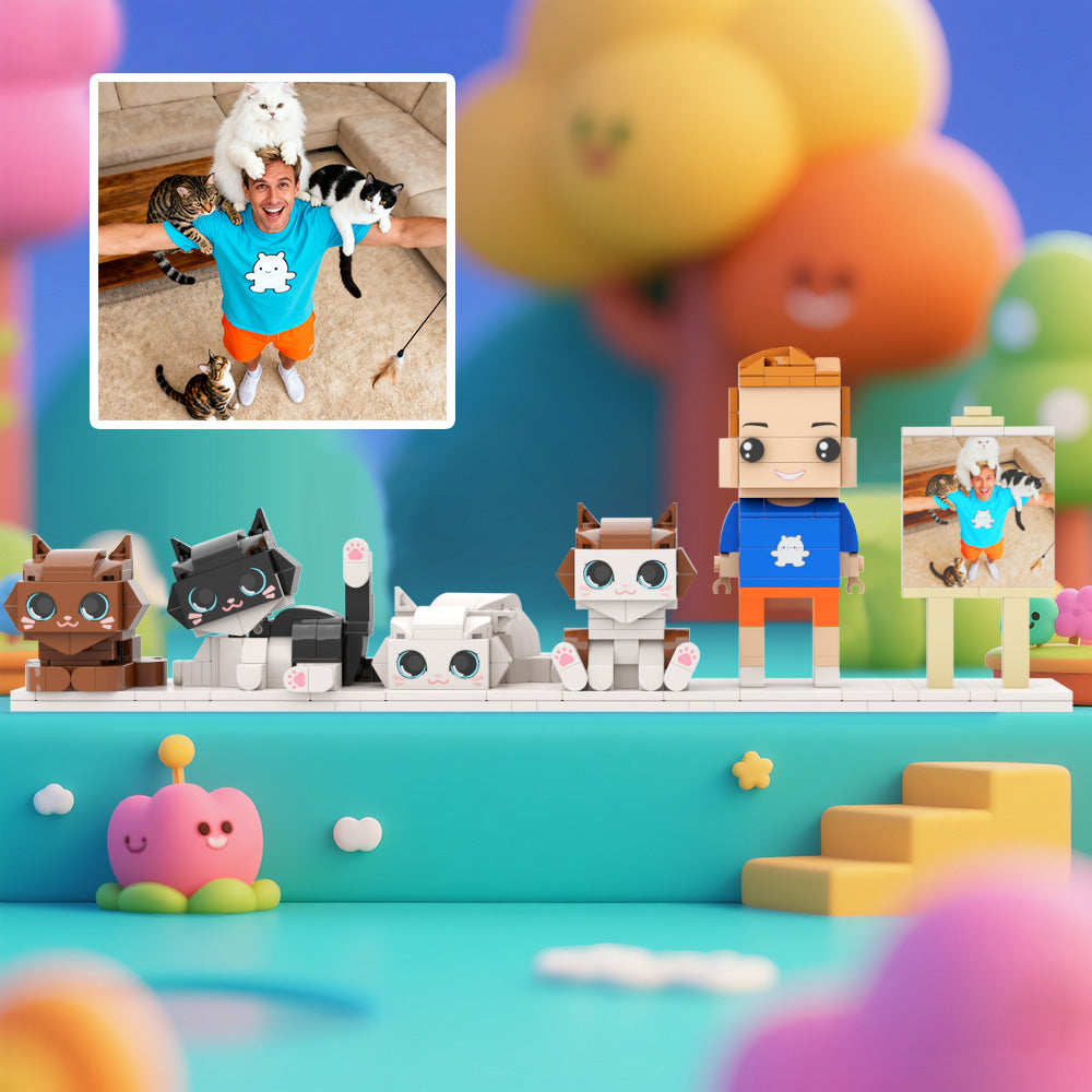 Custom Full-Body Brick Figures of 1 Person and 4 Cats with Frame Personalized Anniversary Gift Birthday Gift