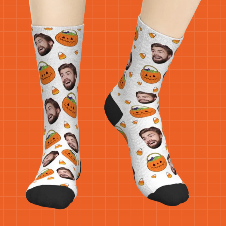 Custom Face Socks Halloween Candy Corn and Pumpkins Socks Gifts