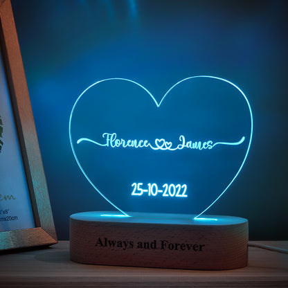 Heart Shaped Acrylic Plaque Personalized Name and Date Night Light