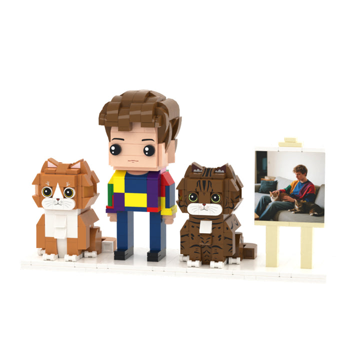 Custom Full-Body Brick Figures of 1 Person and 2 Cats with Frame Personalized Anniversary Gift Birthday Gift