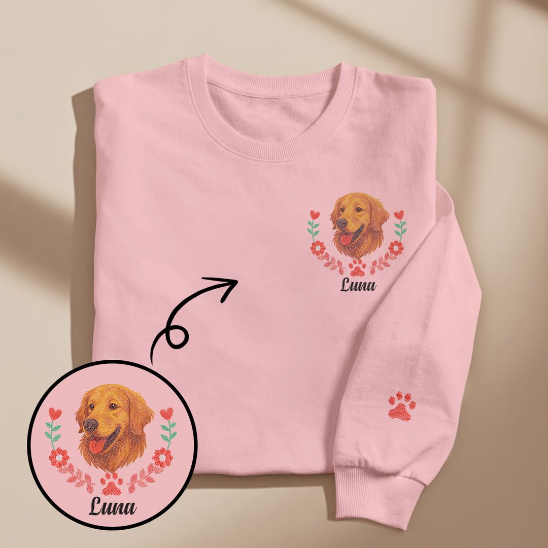 Custom Embroidered-Style Pet Sweatshirt – Personalized Pullover with Pet Name & Wreath