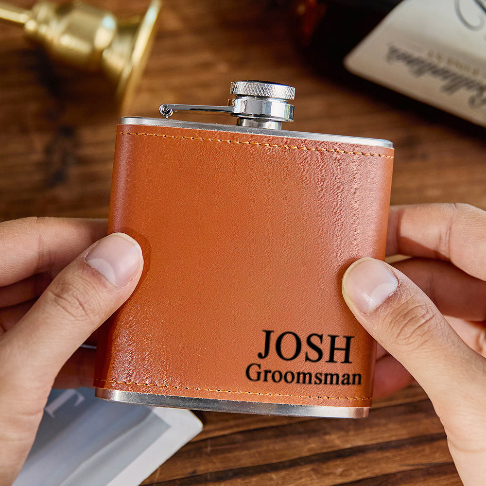 Personalized Leather Flask with Name Stainless Steel 6oz Whiskey Flask Gift for Groomsmen