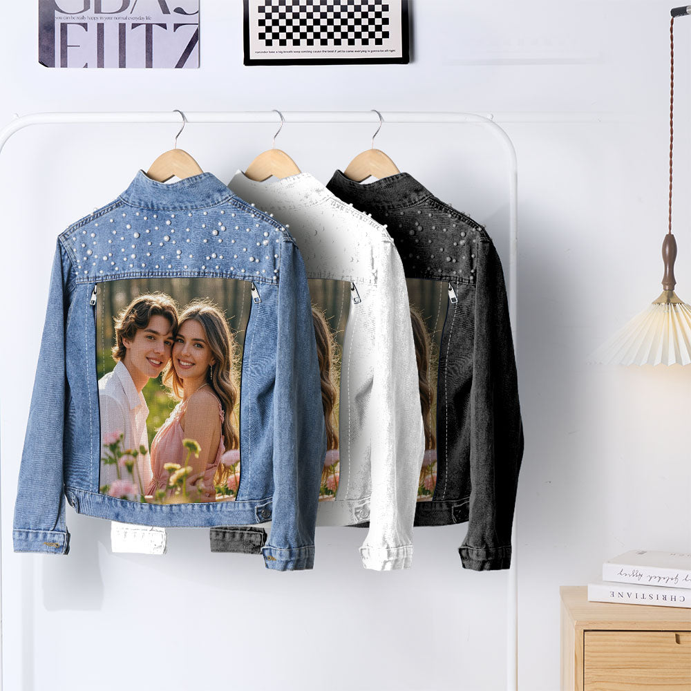 Custom Denim Jacket with Pearl Personalized Photo Jean Jacket Gift for Women