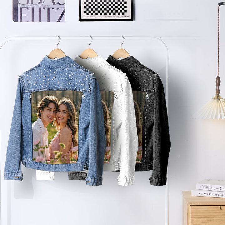 Custom Denim Jacket with Pearl Personalized Photo Jean Jacket Gift for Women