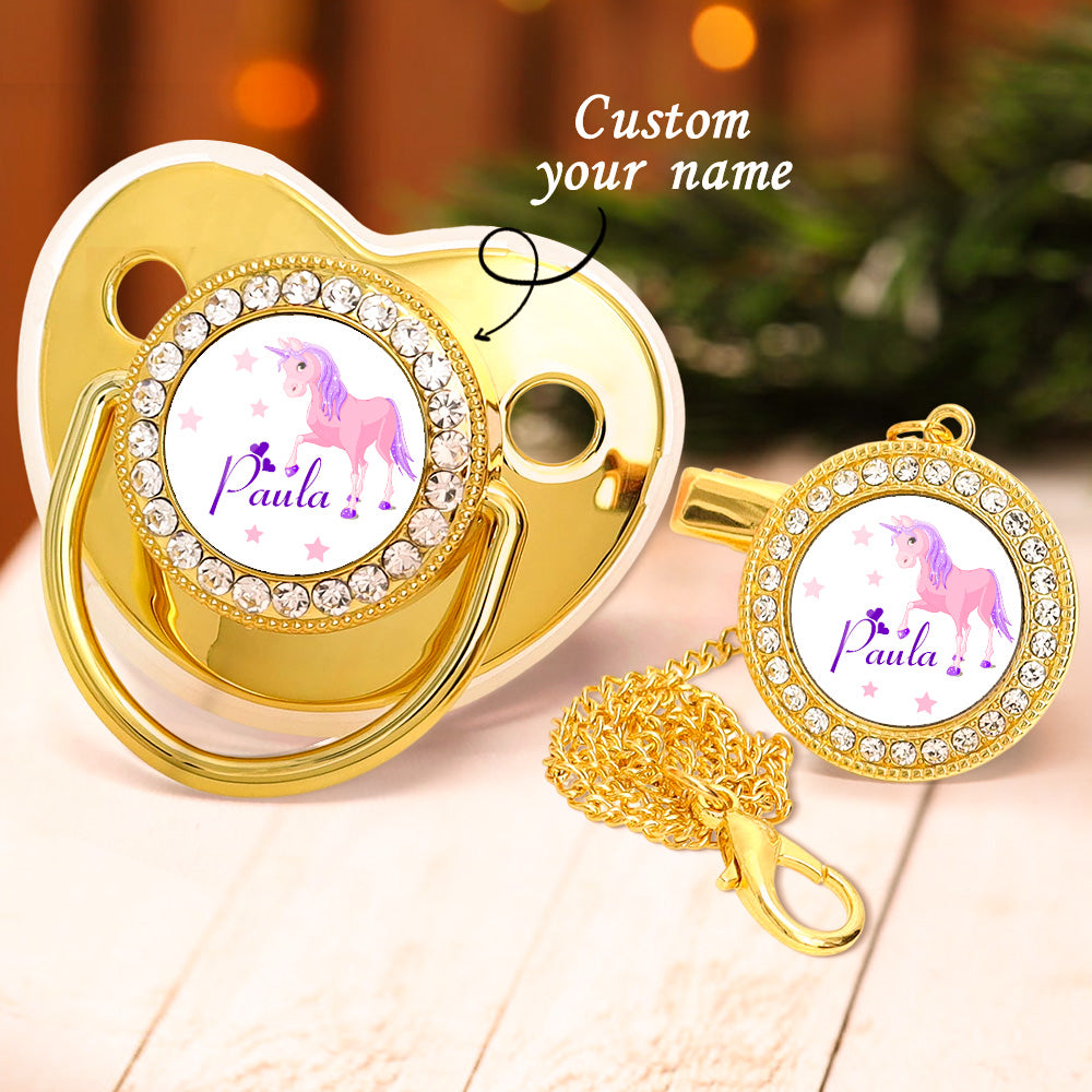 Custom Name Baby Pacifier & Clip Set with Dreamlike Unicorn Pattern – Personalized Newborn Gift
