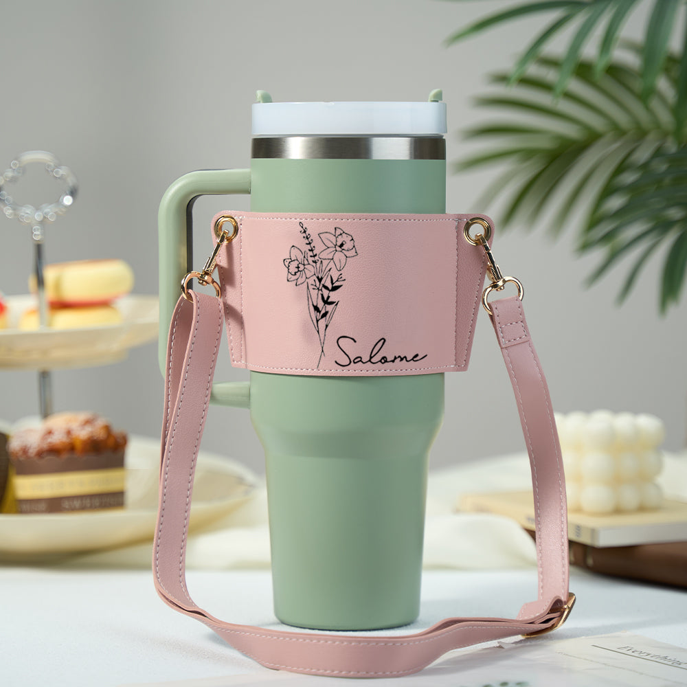 Personalized Birth Flower Water Bottle Carrier Bag for 40oz Stanley Tumbler Adjustable Strap Gift for Women