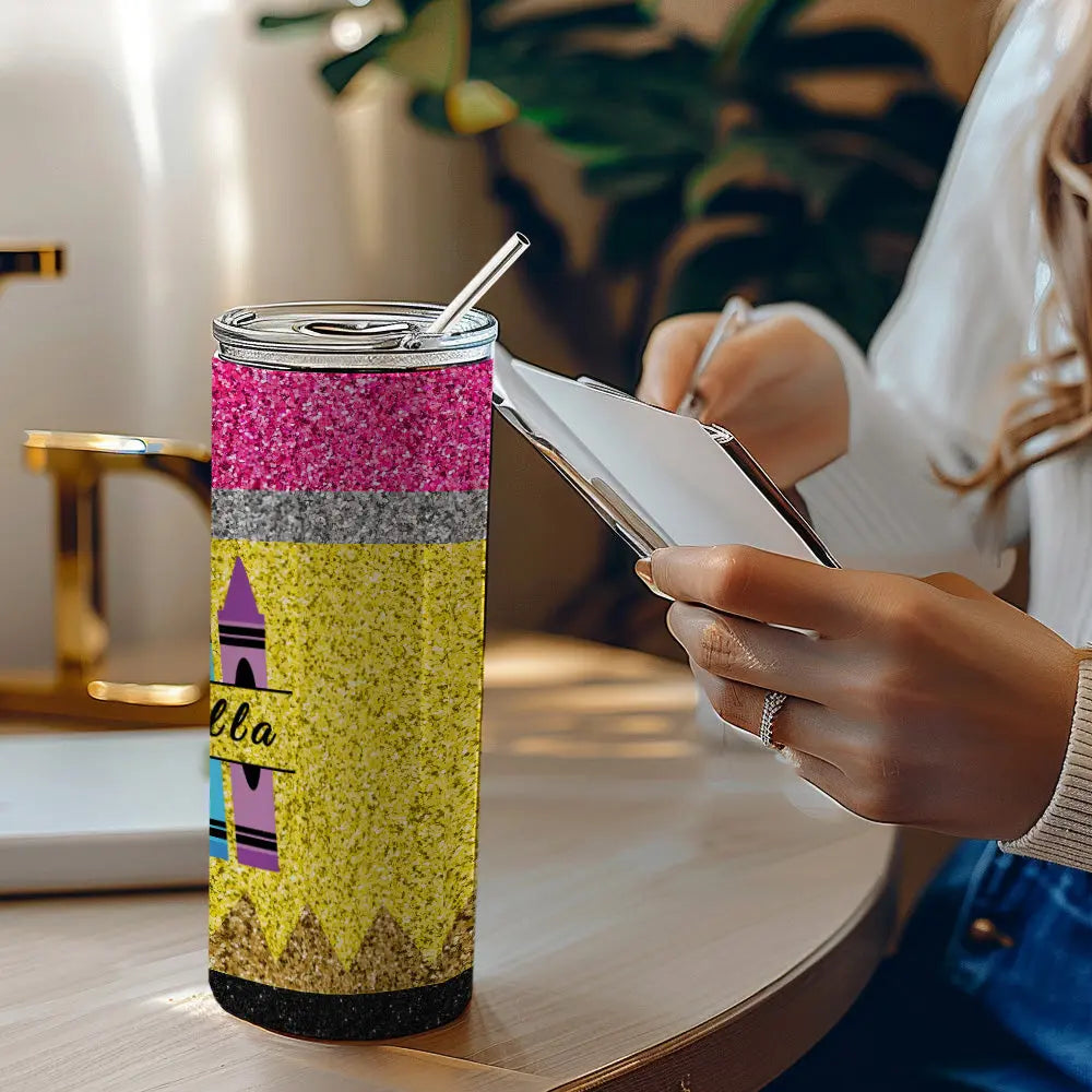 Personalized Glitter Apple 20oz Skinny Tumbler with Straw Back to School Appreciation Gift for Teacher