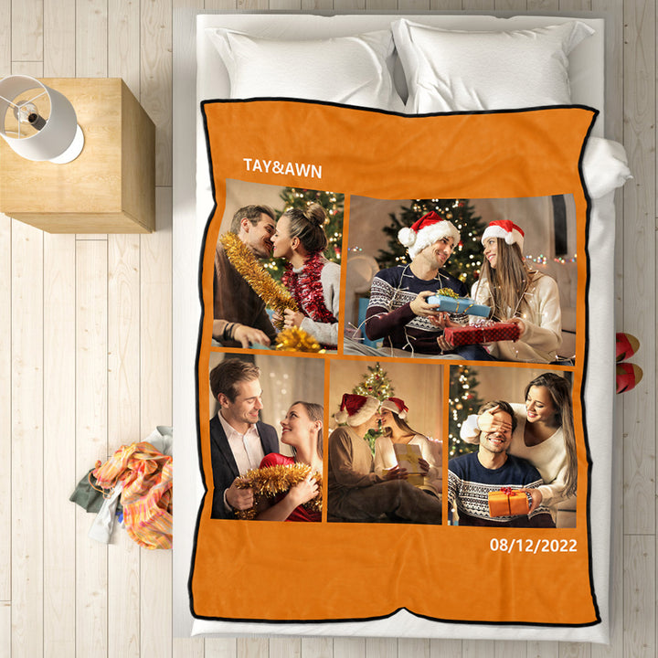 Personalised 5 Photos Fleece Blankets Custom Text Throw Couples Blanket