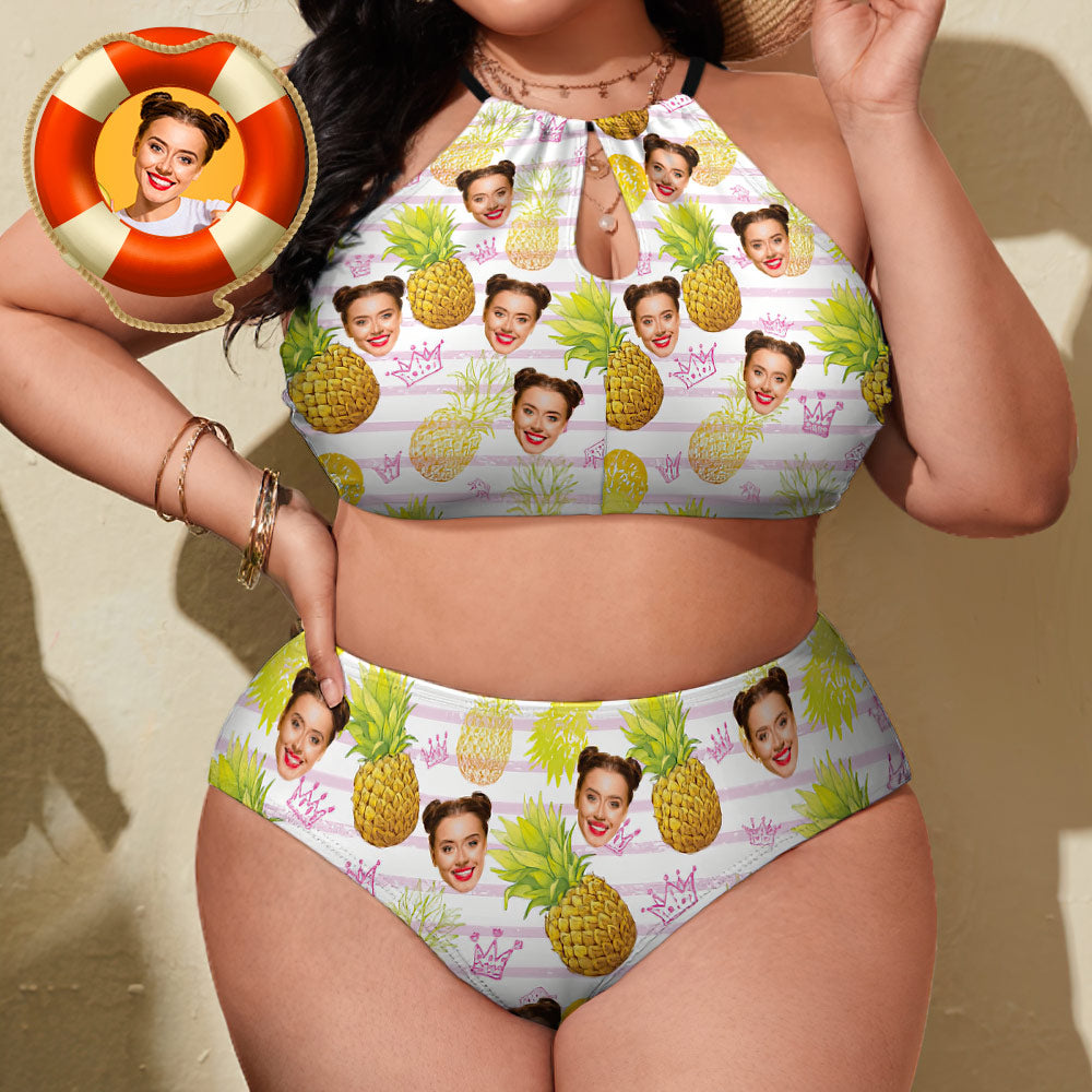 Custom Face Plus Size Swimwear Personalized Pineapple High Waist Bikini Swimsuit