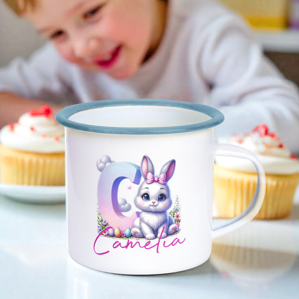 Personalized Easter Bunny Enamel Mug with Name Gradient Initial 12oz Cup Easter Gift for Kids