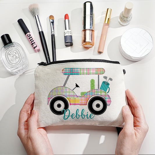 Custom Name Golf Cart Canvas Makeup Bag - Personalized and Stylish Storage