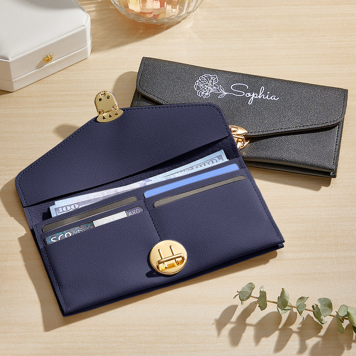 Personalized PU Leather Wallet Custom Birth Flower Wallet with Name Birthday Gift for Her