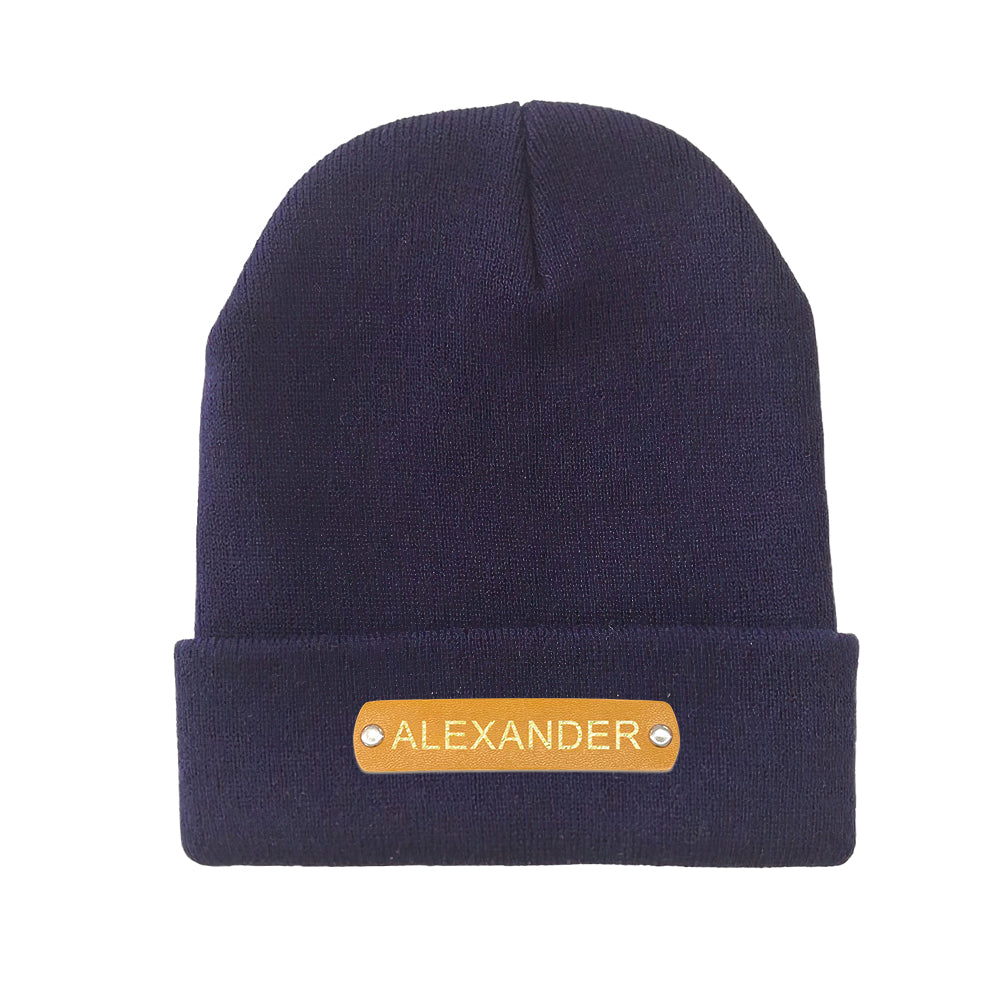 Custom Name Leather Patch Beanie Personalized Adult Winter Hat