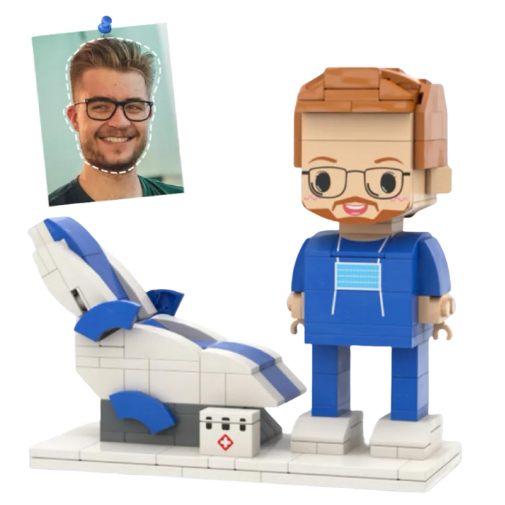 Personalized Head Custom Text Brick Figures Wearing Blue Uniform with Medical Recliner Chair Doctor's Day Gift Career Gift