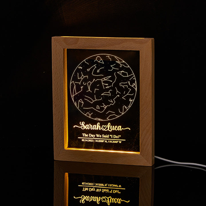 Custom Engraved Star Map Print Constellation Print Night Light with Wood Frame