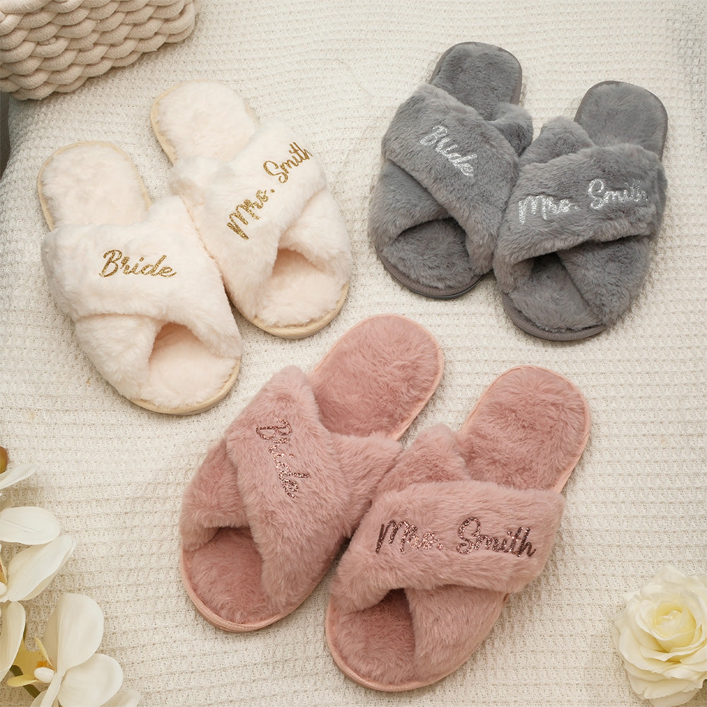 Custom Fluffy Slippers Fluffy Cross Slippers Bride Slippers Bridesmaid Gift