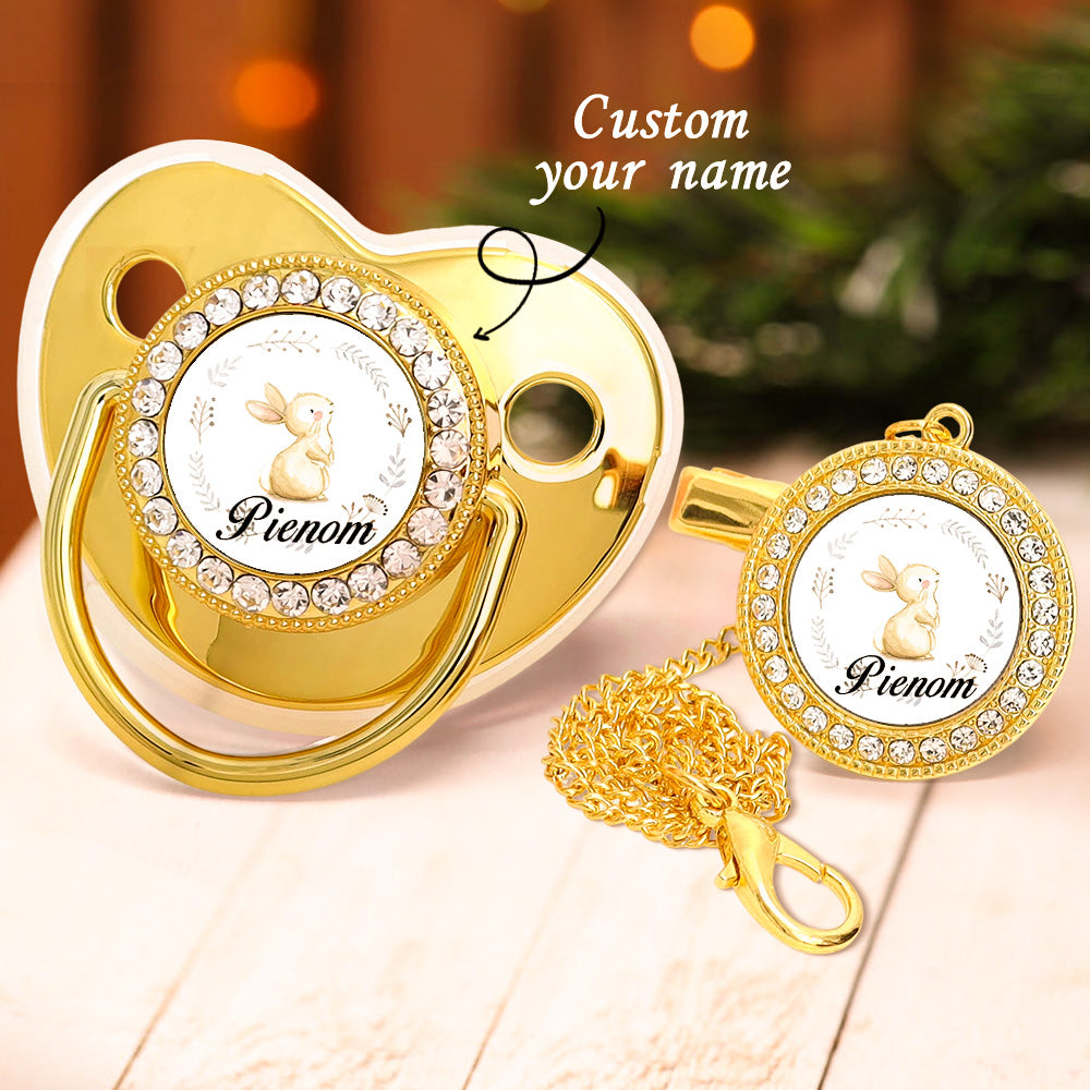Custom Name Baby Pacifier & Clip Set with Bunny Pattern – Personalized Newborn Gift
