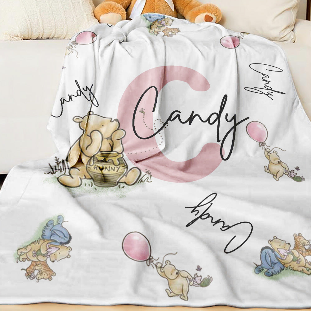 Personalized Winnie the Pooh Throw Blanket with Name Nursery Decor Birthday Baby Shower Gift for Kids