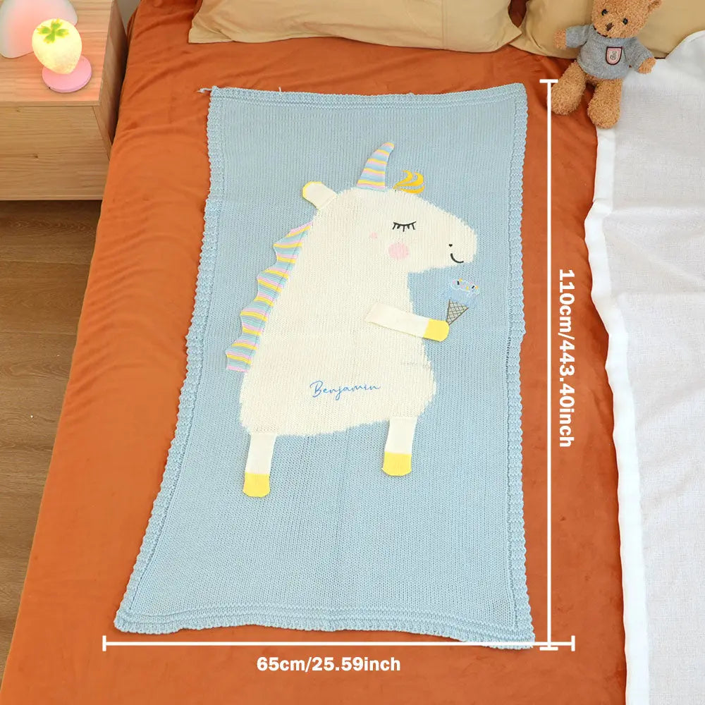 Personalized Knitted Blanket Unicorn Blanket with Embroidered Name Gift for Baby