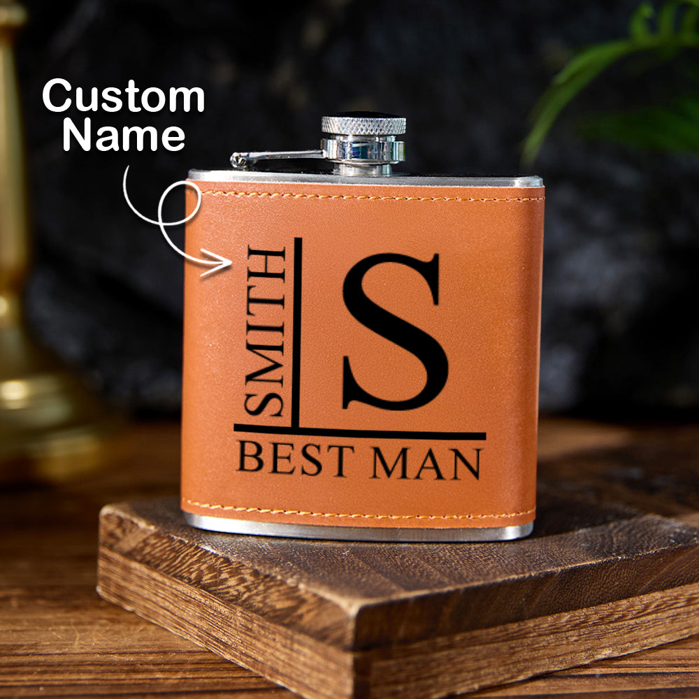 Personalized Name PU Leather Flask Stainless Steel 6oz Whiskey Flask Gift for Men