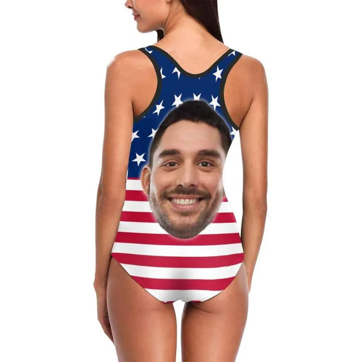 Custom American Flag Swimsuit With Boyfriend Face Women Swimsuit Face Bathing Suit