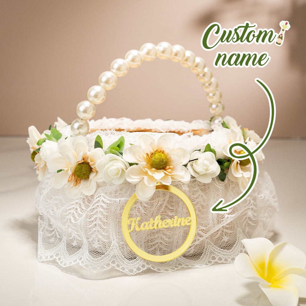 Personalized Handmade Flowers Wreath Rattan Flower Girl Basket with Name and Pearl Handle Wedding Ceremony Gift