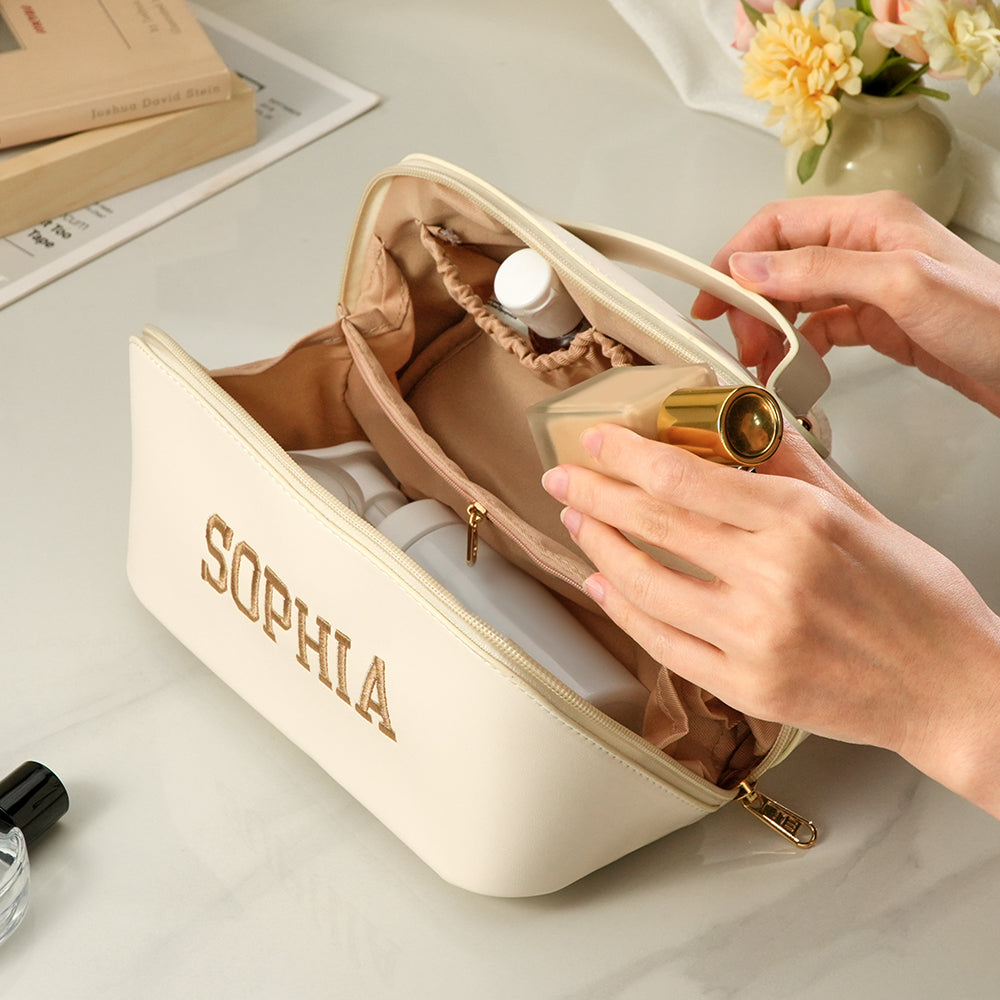 Personalized PU Leather Waterproof Makeup Bag with Embroidery Name Cosmetic Bag Travel Accessory Birthday Wedding Gift for Her