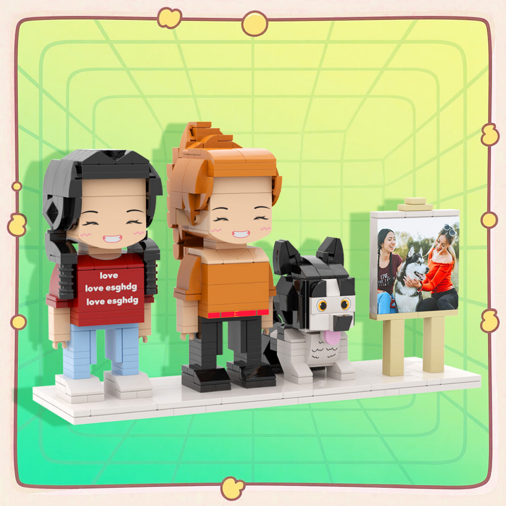 Custom Full-Body Cute Brick Figures of 2 People and Dog with Frame Personalized Anniversary Gift Birthday Gift