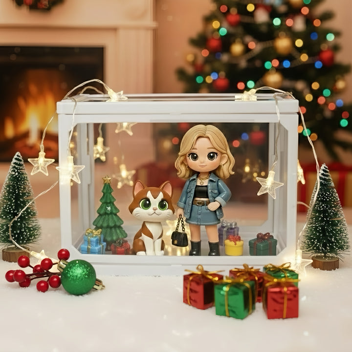 Custom 1 Person & 1 Pet 3D Mini Figure Glass Dollhouse Christmas Scene Display Case Unique Christmas Gift  (Production: 10-15 Business Day)