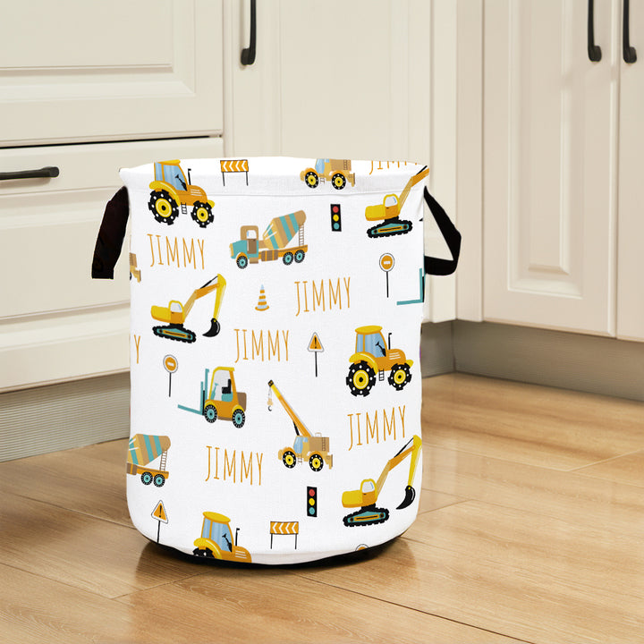 Personalized Work Vehicles Construction Trucks Toy Laundry Basket with Name Storage Basket Gift for Family Kids