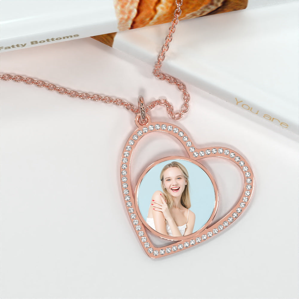 Custom Heart Pendant Inlaid Zircons Photo Necklace