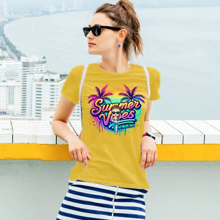 Personalized Cartoon Summer Vibes T-shirt with Name T-shirt Holiday Gift for Her
